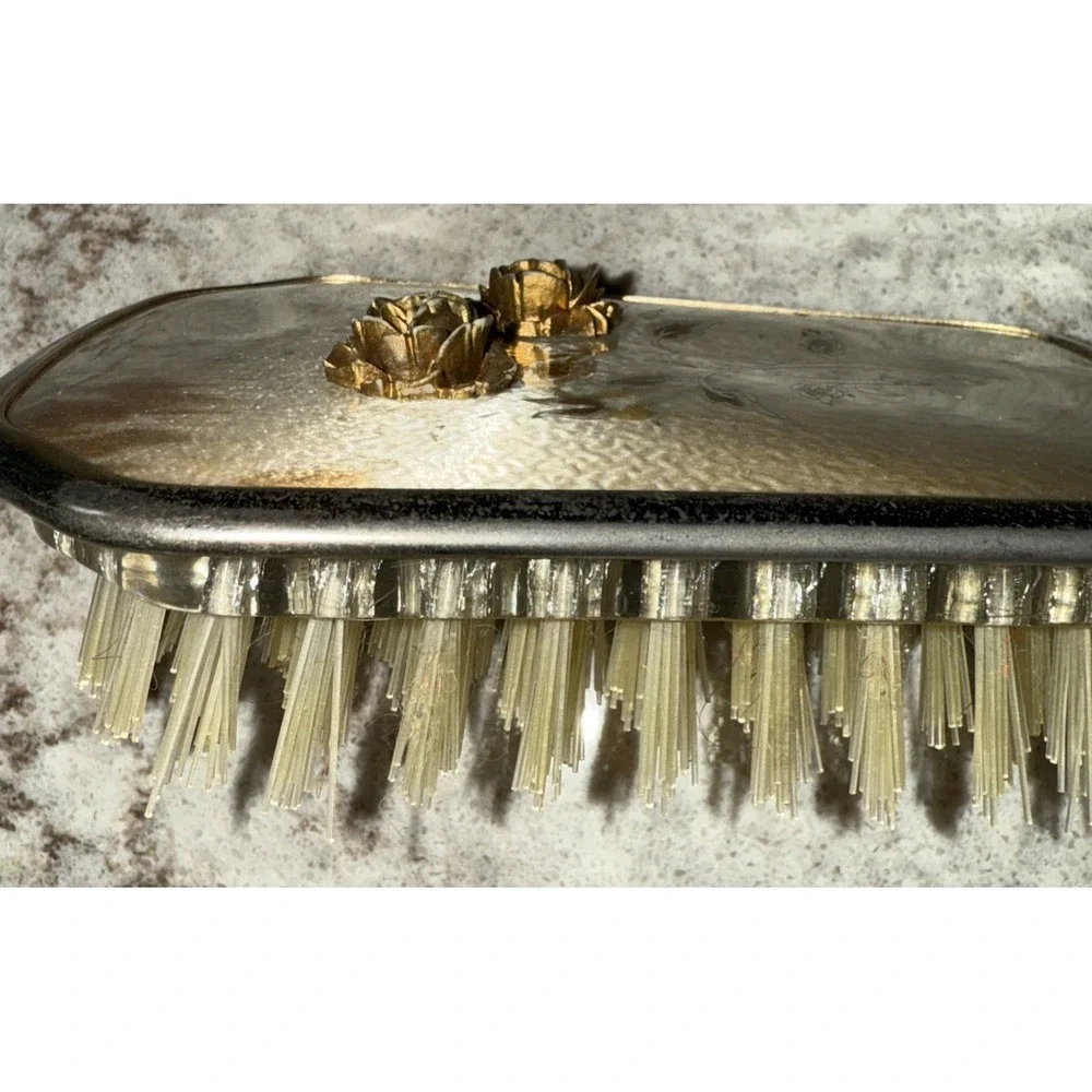 Vintage Victorian Hair Brush Copper Handle 3D Flower Accents Removable Brush